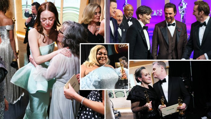 Best Actress winner Emma Stone, surrounded by presenters Michelle Yeoh, Sally Field and Jennifer Lawrence; Best Actor winner Cillian Murphy, surrounded by presenters and past winners Brendan Fraser, Sir Ben Kingsley, Forrest Whitaker, Matthew McConaughey and Nicholas Cage; Emma Thomas and Christopher Nolan & Da'Vine Joy Randolph Back stage