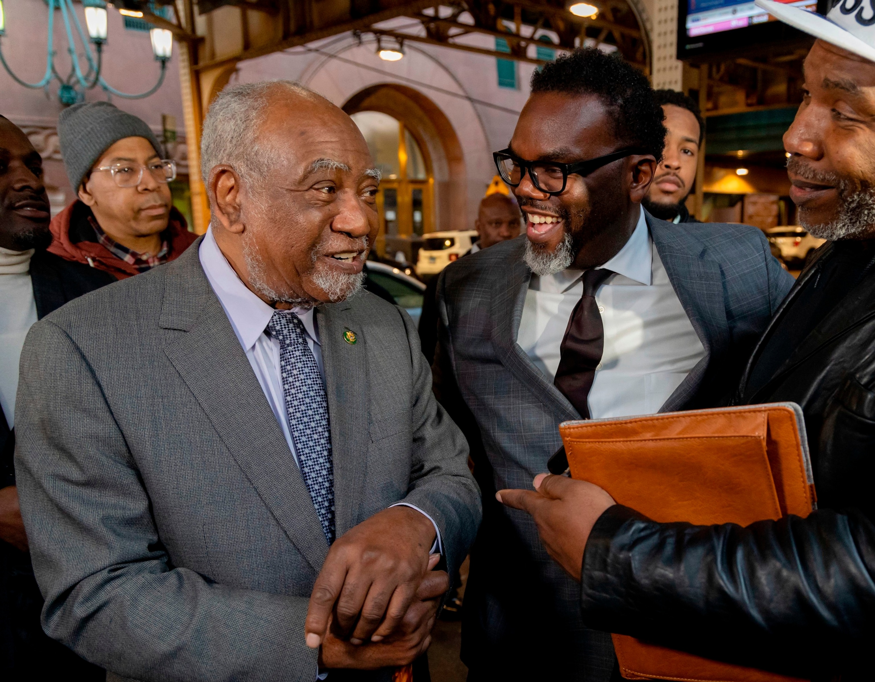 PHOTO: U.S. Rep. Danny Davis, left, endorses then-mayoral candidate Brandon Johnson in the Loop after on March 6, 2023. 