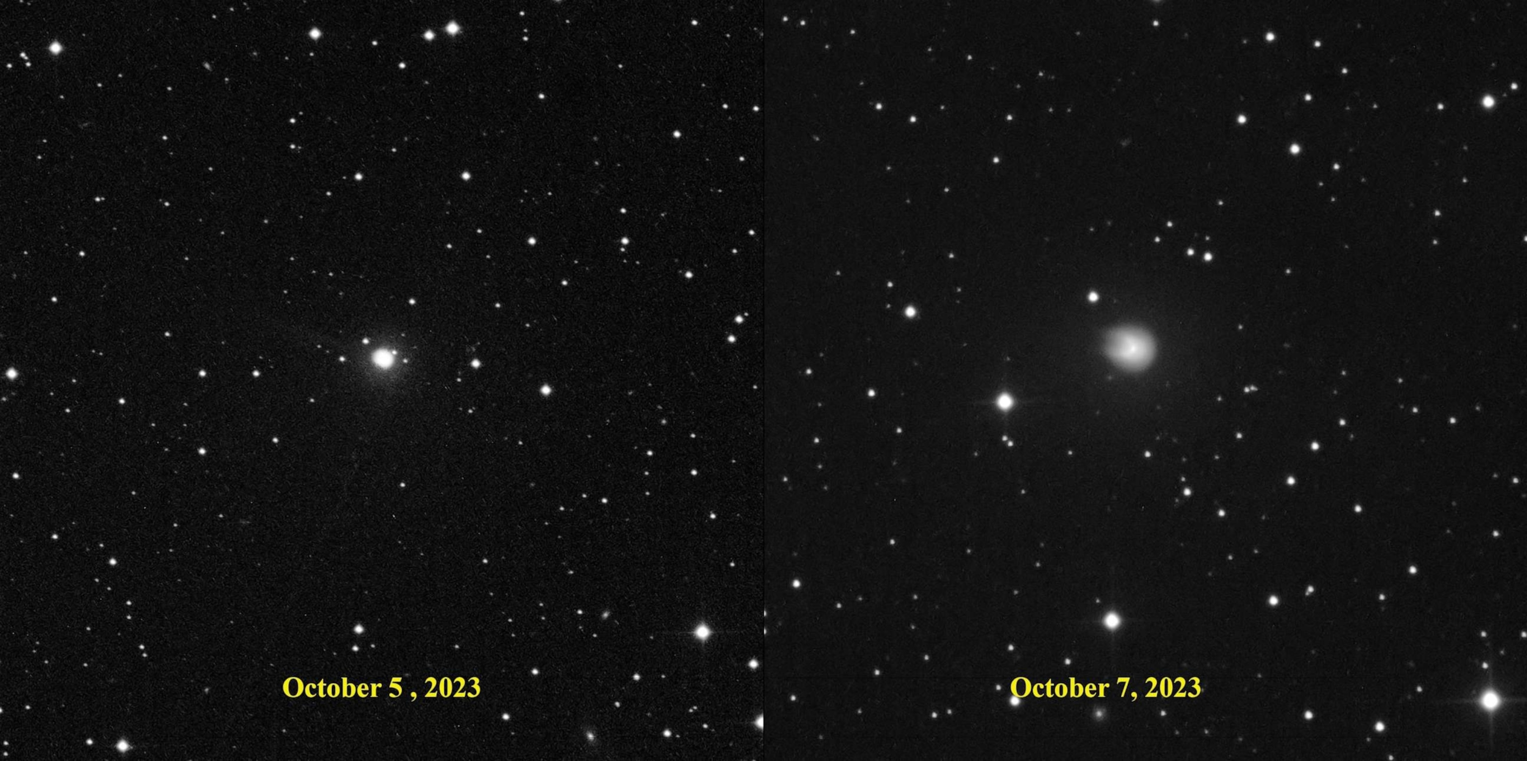 PHOTO: Images captured show a tail on the comet 12P/Pons-Brooks on October 5, 2023 (left) and the tail absent by October 7 (right).