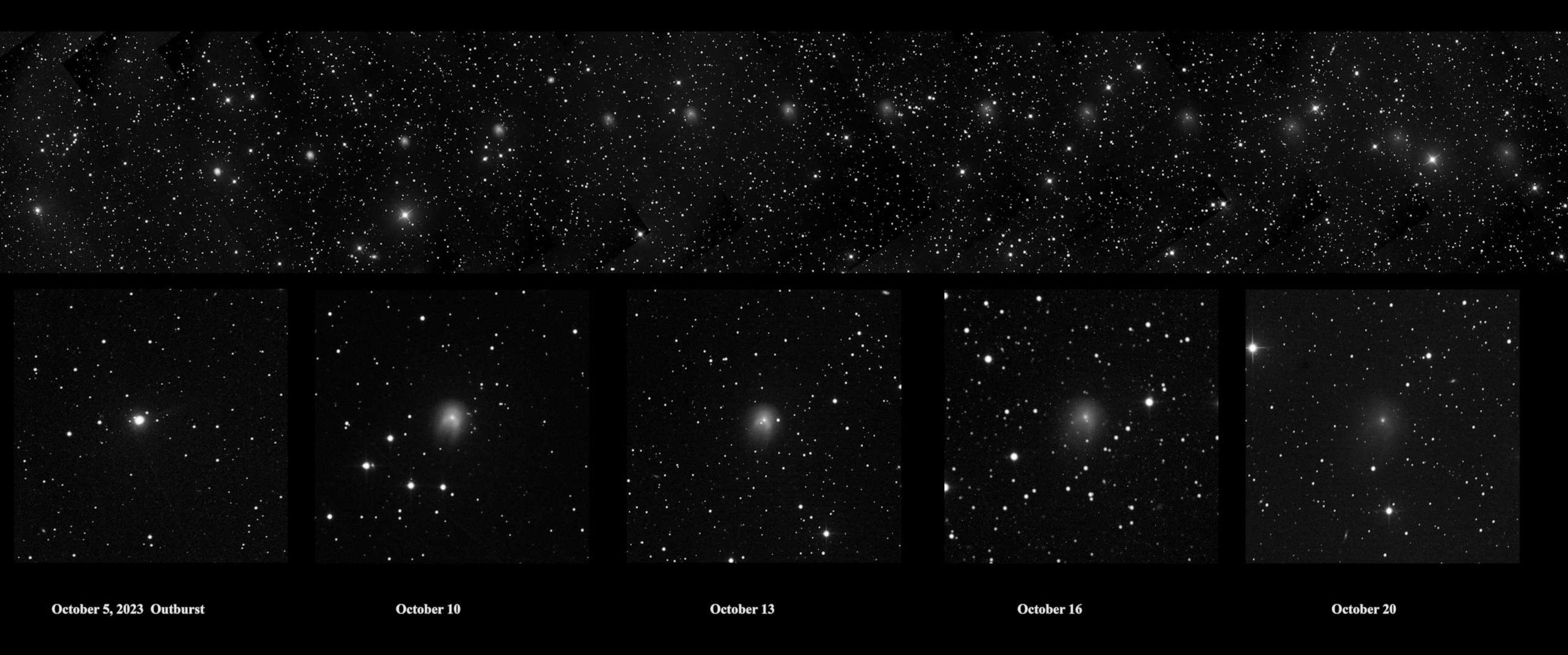 PHOTO: Images show the eruption of comet 12P/Pons-Brooks on October 5, 2023, and its path and evolution through October 20, 2023.