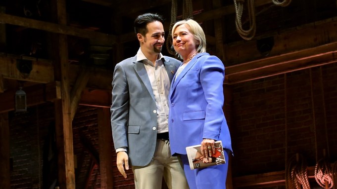 Lin-Manuel Miranda, creator of the Broadway musical Hamilton, introduces U.S. Presidential candidate Hillary Clinton (D-NY) at the Richard Rodgers Theatre after a special performance of the musical in New York City on July 12, 2016. (Photo by )