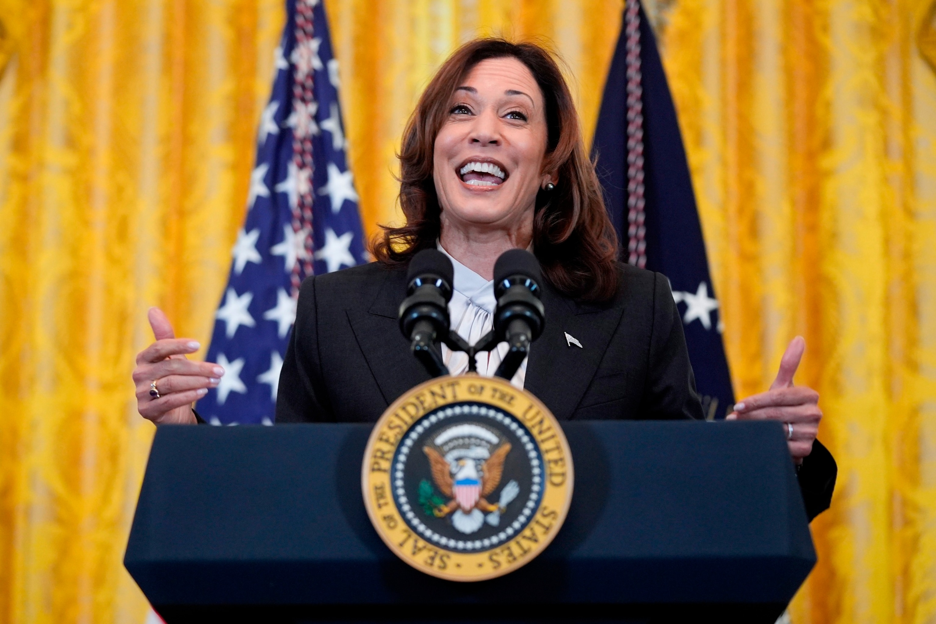 PHOTO: Vice President Kamala Harris speaks during a Women's History Month reception in the East Room of the White House, March 18, 2024, in Washington.