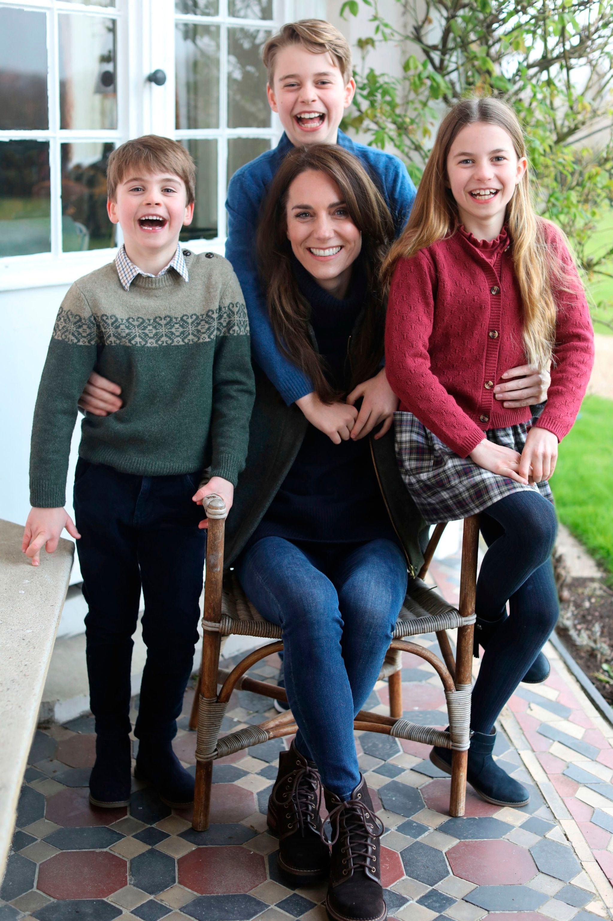 PHOTO: This undated photo issued on Sunday March 10, 2024, by Kensington Palace shows Kate, Princess of Wales with her children, Prince Louis, left, Prince George and Princess Charlotte, taken in Windsor, England, by Prince William earlier this week. 