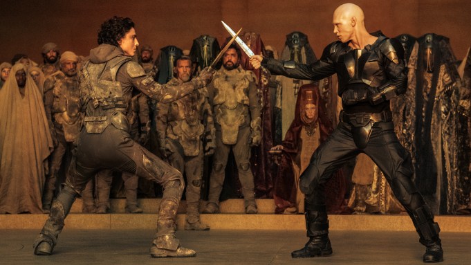 L-r) TIMOTHÉE CHALAMET as Paul Atreides and AUSTIN BUTLER as Feyd-Rautha Harkonnen in Warner Bros. Pictures and Legendary Pictures’ action adventure “DUNE: PART TWO,” a Warner Bros. Pictures release.